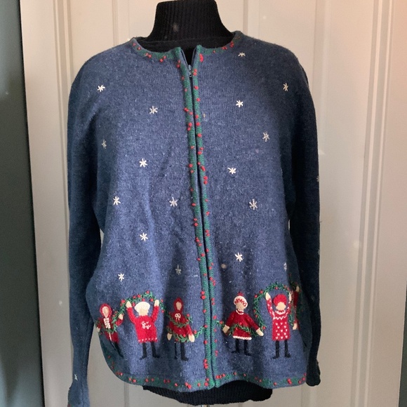 100% Lambswool Talbots Zip Front Cardigan Christmas Embroidered size L - Picture 1 of 12